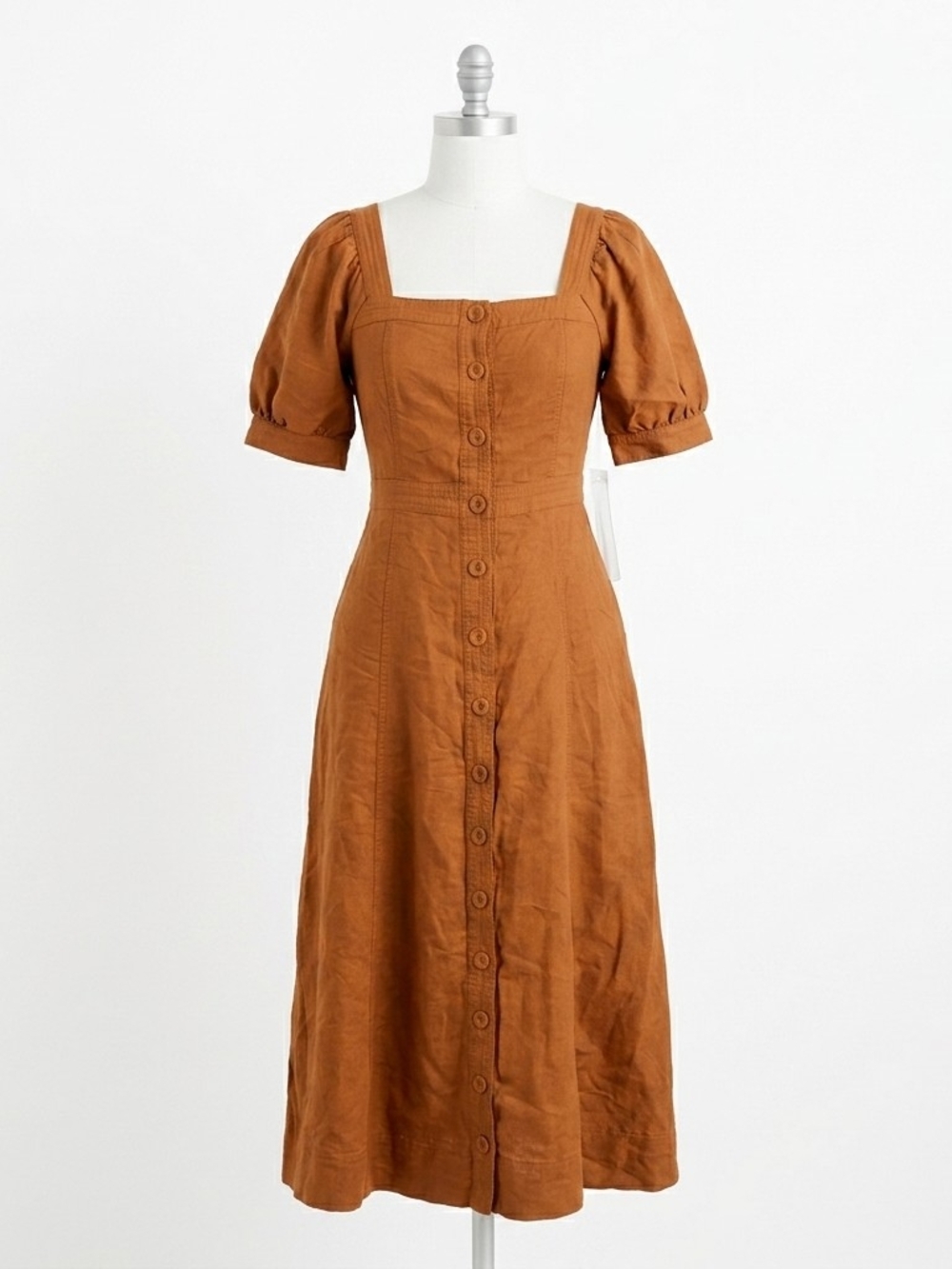 NWT Madewell Rust Linen-Blend Puff Sleeve Button-Front Midi Dress Size 4